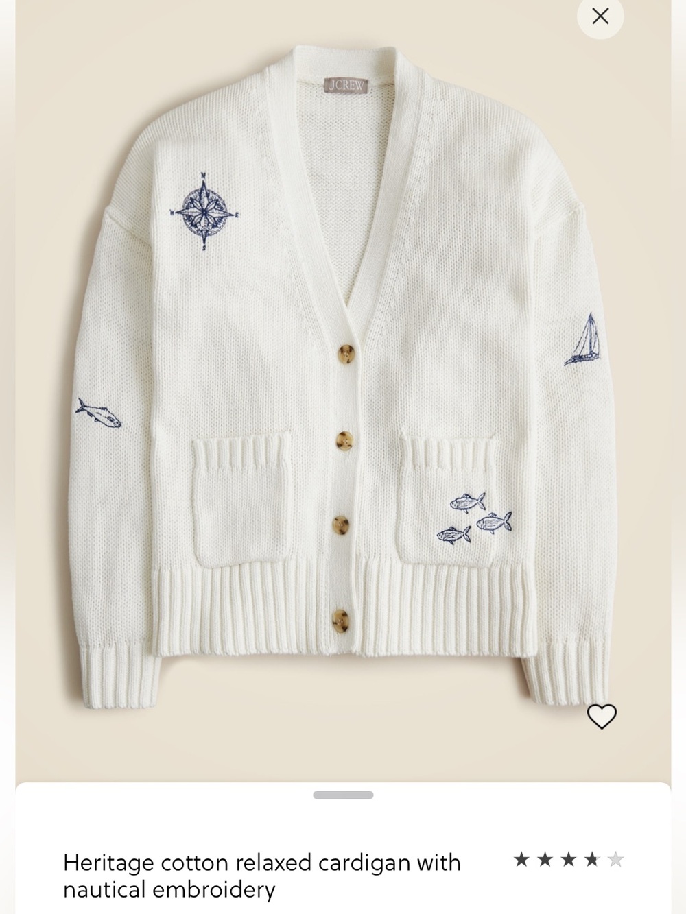 J. Crew White Cotton Cardigan with Navy Nautical Embroidery
